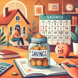 Person sitting at a desk with a jar labeled 'Savings,' a calendar marked for consistent saving, and tools like a notebook and calculator in a cheerful home setting.