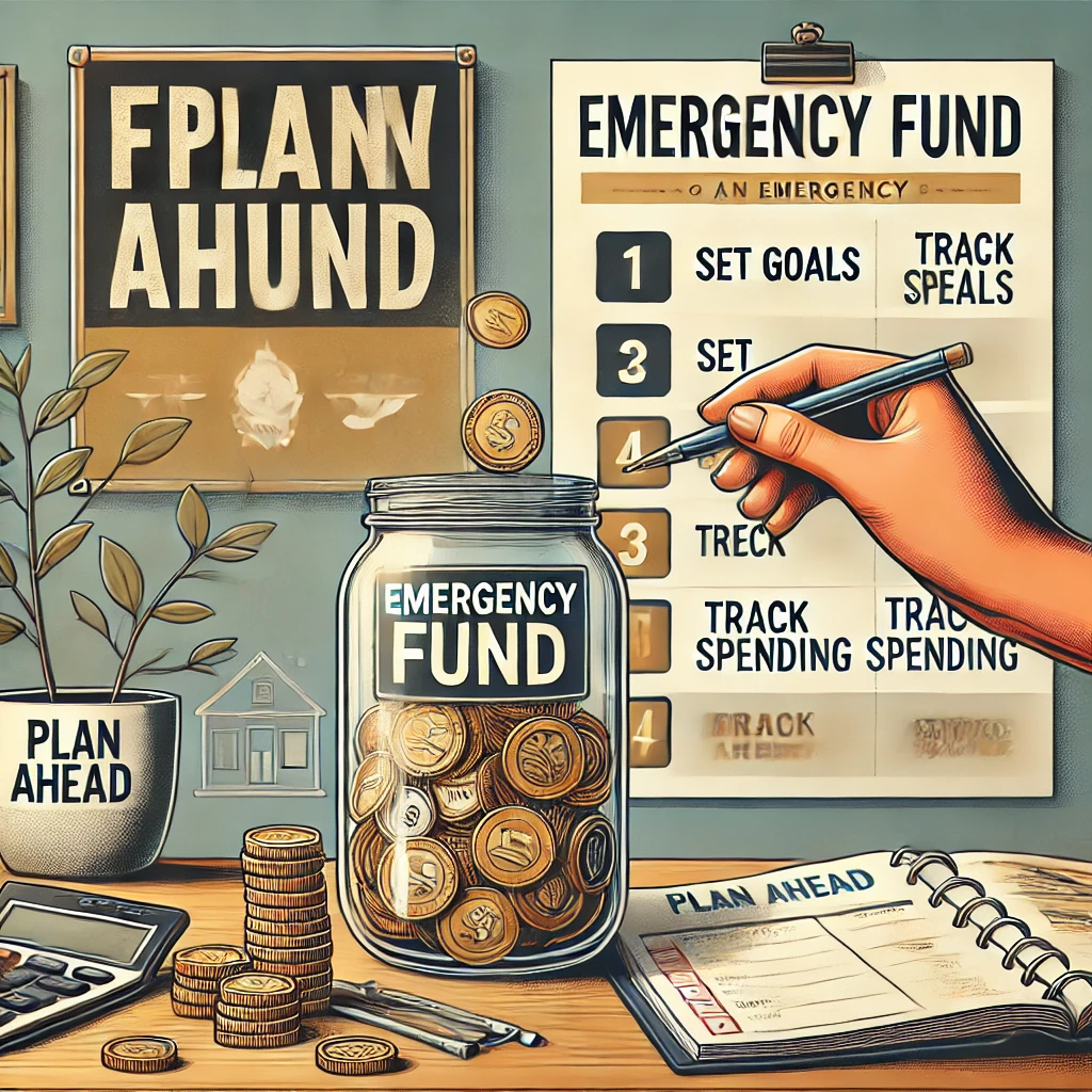 Person dropping coins into a jar labeled 'Emergency Fund' on a table with a checklist, calculator, and notebook, set in an organized home environment.