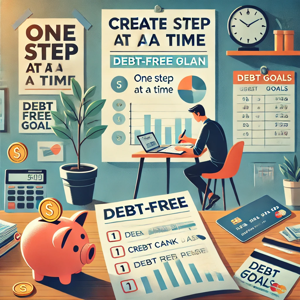 Person sitting at a desk reviewing a financial plan with a notebook labeled 'Debt-Free Goals,' surrounded by a piggy bank, credit card statements, and a calculator, with a motivational poster in the background reading 'One Step at a Time.