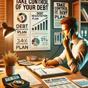 Person sitting at a desk with a phone in hand, discussing a debt repayment plan with a creditor. The desk features a notebook labeled 'Debt Negotiation Plan,' financial documents, and a calculator, with charts and a motivational poster in the background.