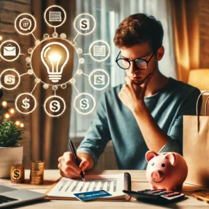 Person examining a budget with shopping bags, credit cards, and a piggy bank nearby, symbolizing financial decisions and breaking spending habits.