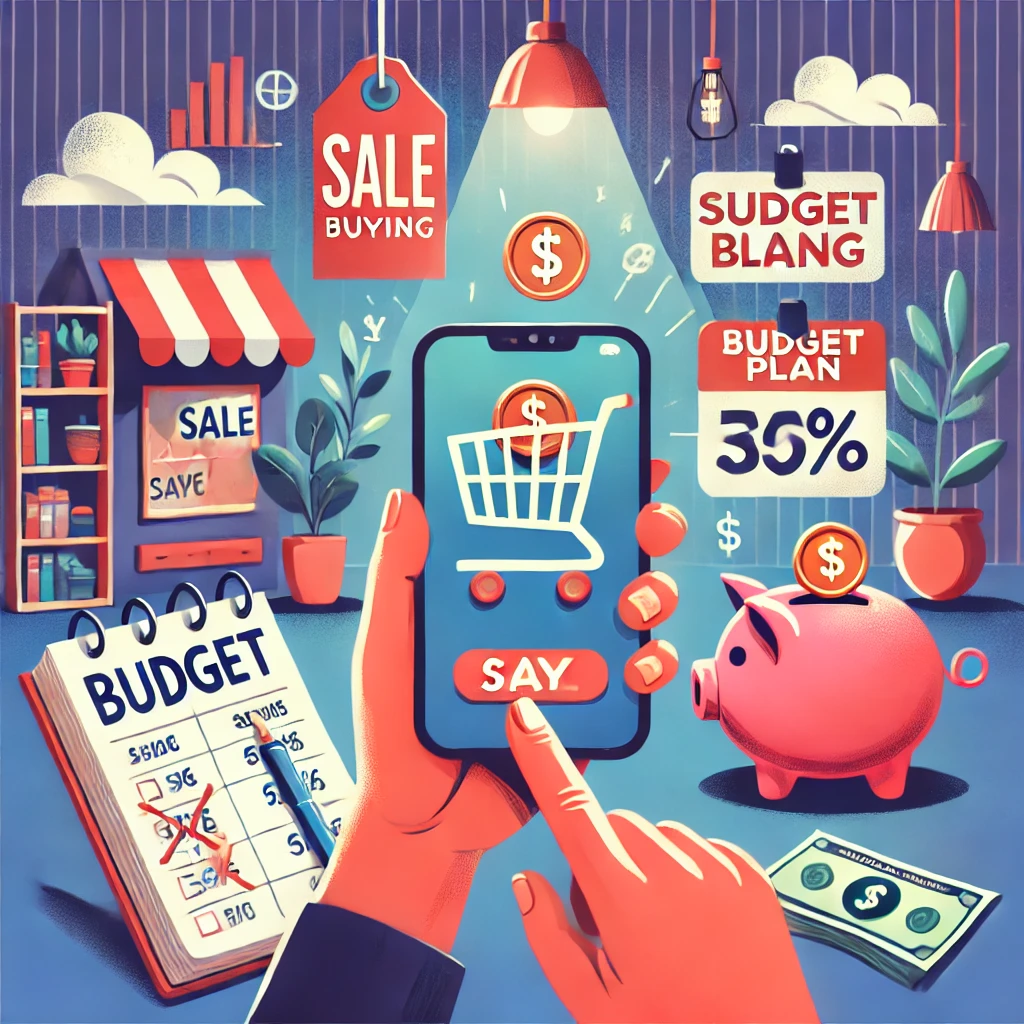 Person holding a phone displaying a shopping cart, surrounded by sale tags, a piggy bank, and a notebook labeled 'Budget Plan,' symbolizing strategies to manage impulse buying and save money.