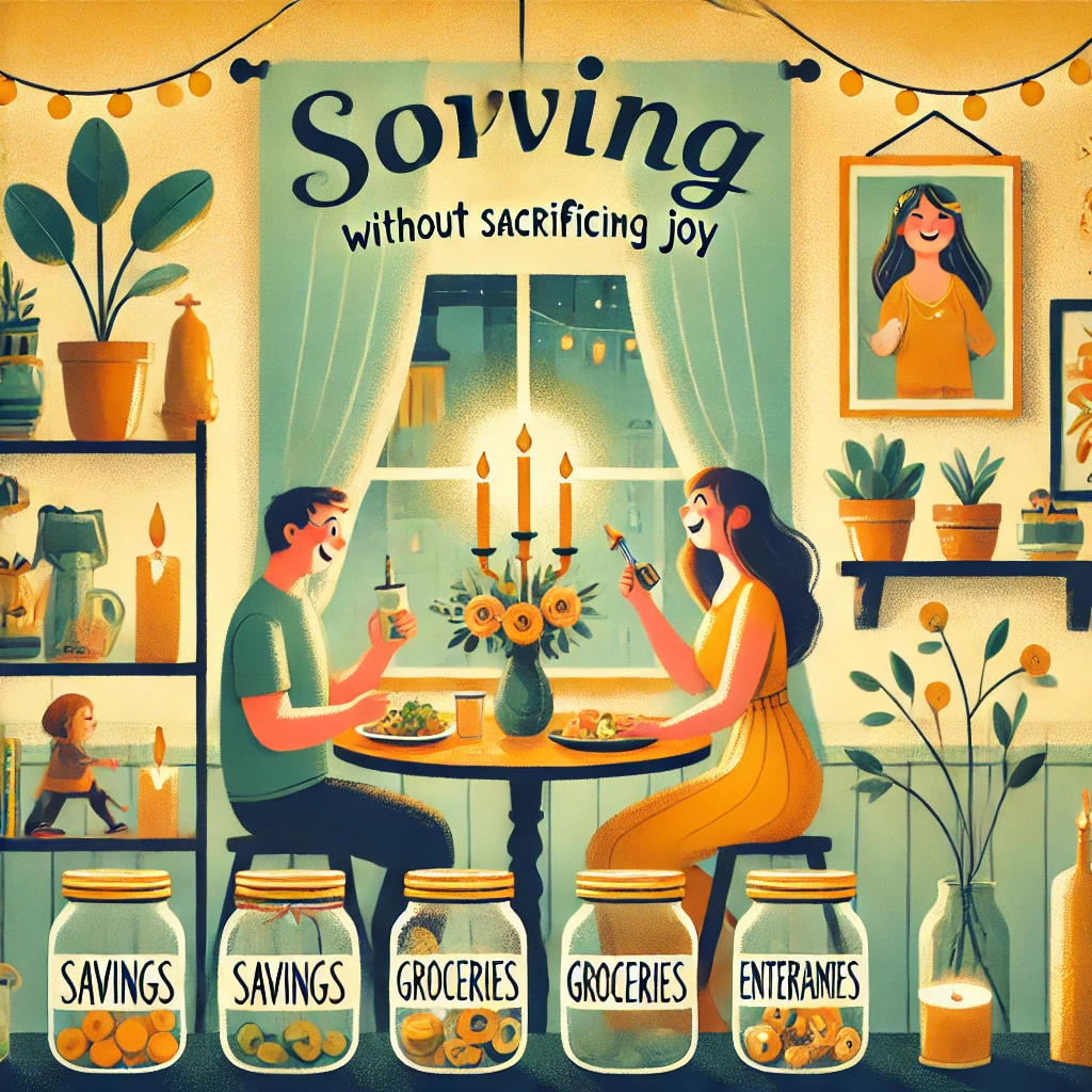 A family enjoying a homemade dinner at a cozy dining table, surrounded by labeled savings jars, books, and houseplants, symbolizing frugal living without sacrificing joy.