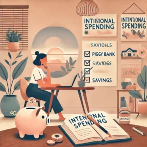 Person sitting at a desk, reviewing a budget on a laptop, with symbolic items like a piggy bank, a vision board of goals, and a calm home environment.