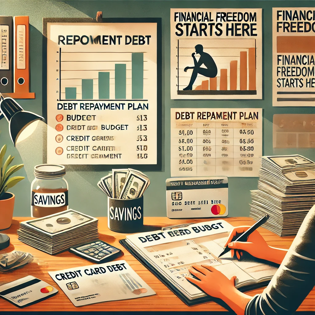 Person sitting at a desk reviewing a budget with a notebook labeled 'Debt Repayment Plan,' a stack of credit card statements, a calculator, and a jar labeled 'Savings.' A motivational chart and a poster reading 'Financial Freedom Starts Here' are visible in the background.