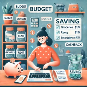 Person reviewing a budget on a laptop, surrounded by a piggy bank, a savings jar, a cashback app on a phone, and shelves with labeled jars for organized financial planning.