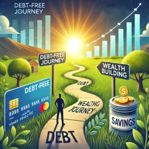 Person walking along a pathway labeled 'Debt-Free Journey,' transitioning to a lush field with a sign reading 'Wealth Building,' surrounded by symbols like a jar labeled 'Savings,' paid-off loan documents, and a glowing chart of financial growth.