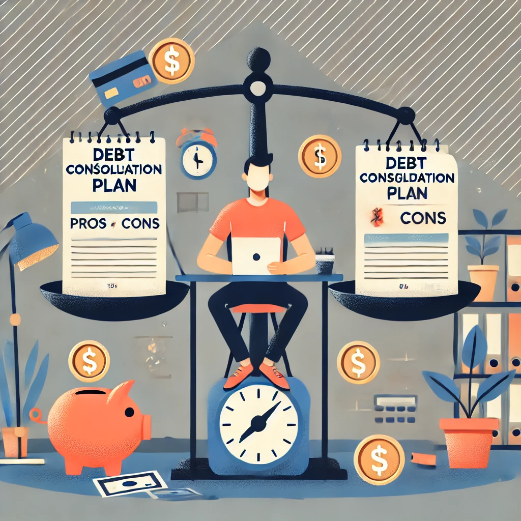 Person sitting at a desk with a notebook titled 'Debt Consolidation Plan,' surrounded by a piggy bank, credit card statements, and a calculator, with a scale in the background symbolizing weighing pros and cons.