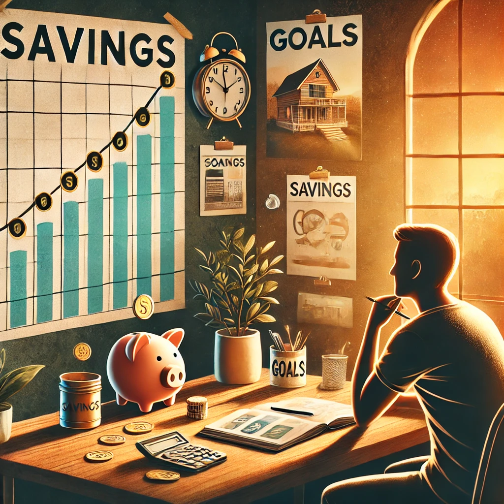 Person tracking savings progress on a wall chart, with a motivational vision board, a piggy bank, a savings jar, and a notebook labeled 'Goals' in a calm, focused setting.