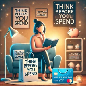 Person sitting on a couch, holding a journal labeled 'Financial Goals,' with a shopping bag and credit card beside them. The background includes a motivational poster reading 'Think Before You Spend' and a piggy bank on a shelf.