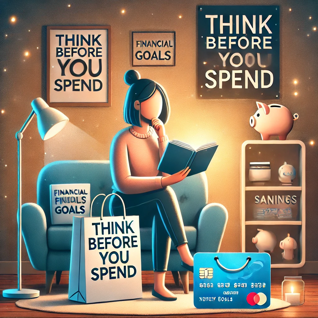 Person sitting on a couch, holding a journal labeled 'Financial Goals,' with a shopping bag and credit card beside them. The background includes a motivational poster reading 'Think Before You Spend' and a piggy bank on a shelf.