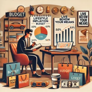 Person reviewing a budget at a desk with luxury items like shopping bags, gadgets, and a coffee cup, surrounded by a savings chart and a motivational poster reading 'Live Below Your Means.